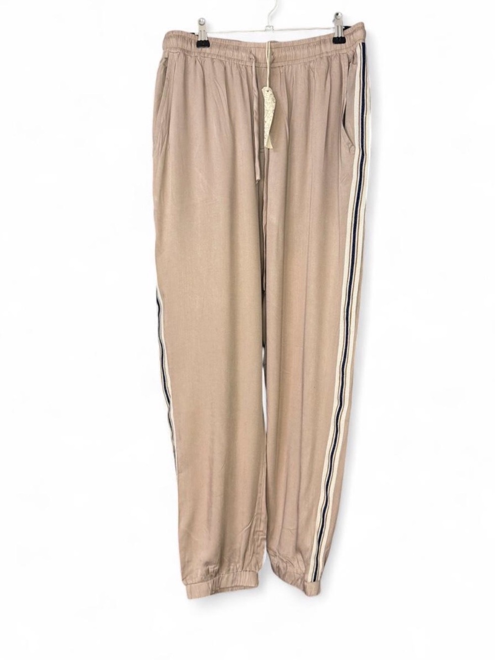 Mystree Neutral Tan Track Joggers with Side Stripes